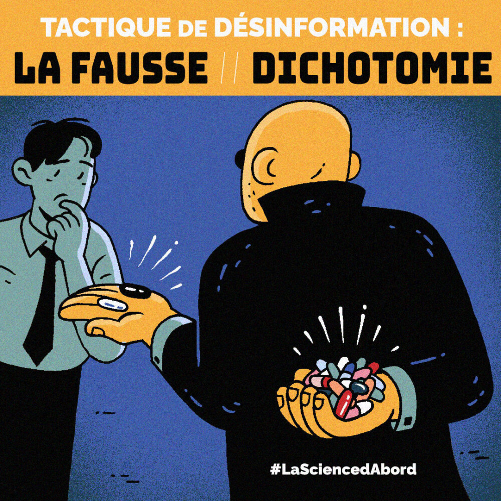 Description de l’image : Deux personnes se font face. La personne de droite est dos au spectateur. Dans une main, elle présente deux pilules à l'autre personne, une noire et une blanche. L'autre main est derrière leur dos et tient de nombreuses pilules colorées. Le texte au-dessus de l'image est le suivant : TACTIQUE DU DÉSINFORMATION : FAUSSE//DICHOTOMIE. L'image fait référence à une scène du film The Matrix avec le personnage de Morpheus